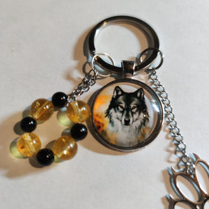 Porte-clés loup citrine et onyx